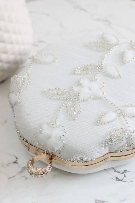 Boxwish By Bhumika White Cut Work, Embroidery 3d Floral Applique Clutch at Aza Fashions Boxwish By Bhumika_White Cut Work, Embroidery 3d Floral Applique Clutch _at_Aza_Fashions