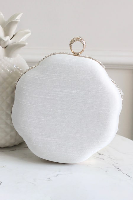 Shop Boxwish By Bhumika White Cut Work, Embroidery 3d Floral Applique Clutch at Aza Fashions Shop_Boxwish By Bhumika_White Cut Work, Embroidery 3d Floral Applique Clutch _at_Aza_Fashions