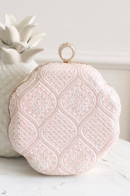 Shop_Boxwish By Bhumika_Peach Embroidery Chikankari Thread Clutch _at_Aza_Fashions