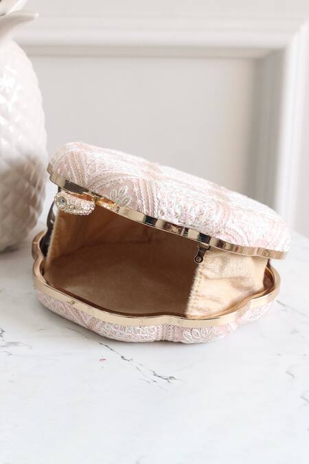 Boxwish By Bhumika_Peach Embroidery Chikankari Thread Clutch _Online_at_Aza_Fashions