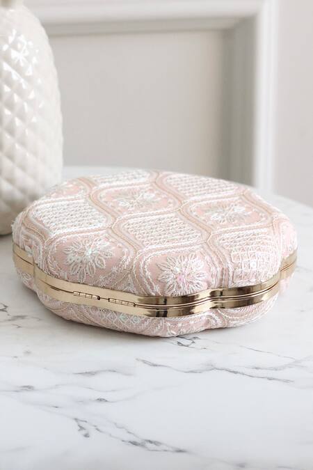 Buy_Boxwish By Bhumika_Peach Embroidery Chikankari Thread Clutch _Online_at_Aza_Fashions