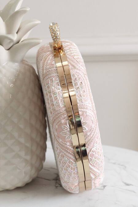Shop_Boxwish By Bhumika_Peach Embroidery Chikankari Thread Clutch _Online_at_Aza_Fashions