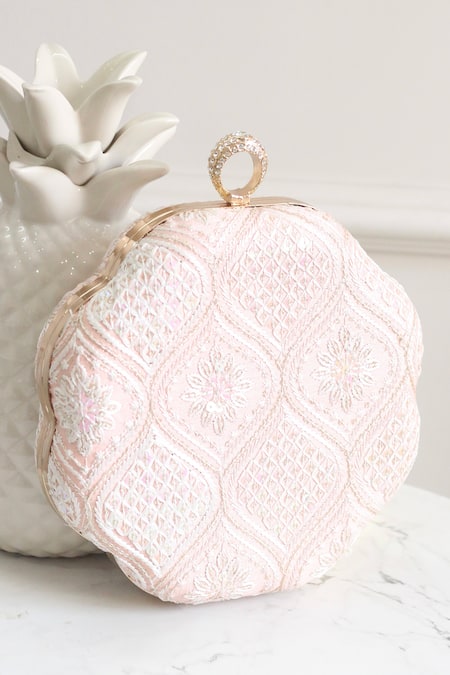 Boxwish By Bhumika Peach Embroidery Chikankari Thread Clutch