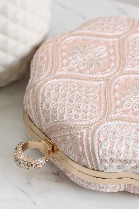 Boxwish By Bhumika_Peach Embroidery Chikankari Thread Clutch _at_Aza_Fashions