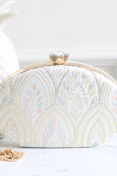 Buy_Boxwish By Bhumika_White Sequins, Embroidery Floral Clutch _Online_at_Aza_Fashions