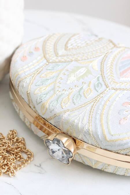 Shop_Boxwish By Bhumika_White Sequins, Embroidery Floral Clutch _Online_at_Aza_Fashions