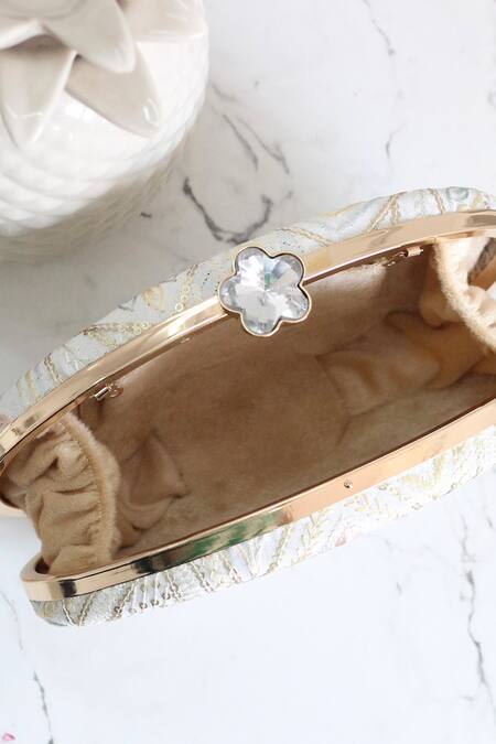Boxwish By Bhumika_White Sequins, Embroidery Floral Clutch _at_Aza_Fashions