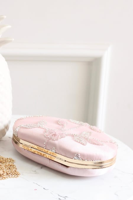 Boxwish By Bhumika_Pink Cut Work, Sequins, Embroidery Oval Shaped 3d Floral Applique Clutch _Online_at_Aza_Fashions
