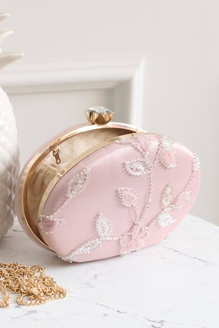 Buy_Boxwish By Bhumika_Pink Cut Work, Sequins, Embroidery Oval Shaped 3d Floral Applique Clutch _Online_at_Aza_Fashions