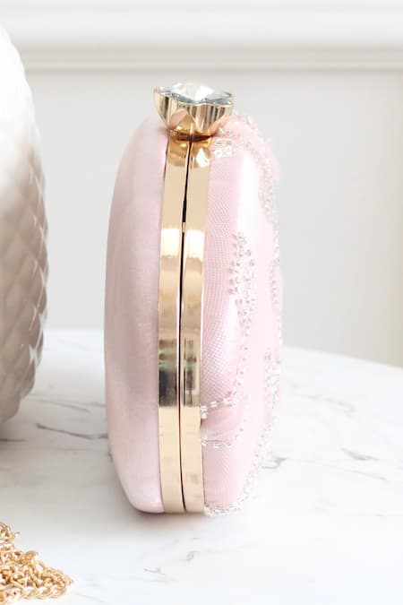 Shop_Boxwish By Bhumika_Pink Cut Work, Sequins, Embroidery Oval Shaped 3d Floral Applique Clutch _Online_at_Aza_Fashions