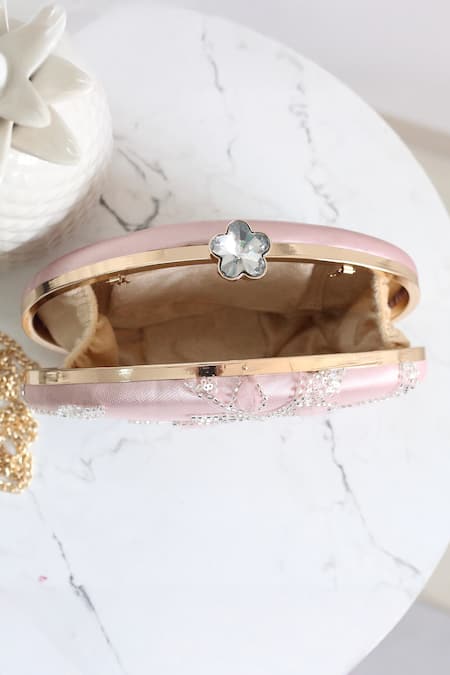 Boxwish By Bhumika_Pink Cut Work, Sequins, Embroidery Oval Shaped 3d Floral Applique Clutch _at_Aza_Fashions