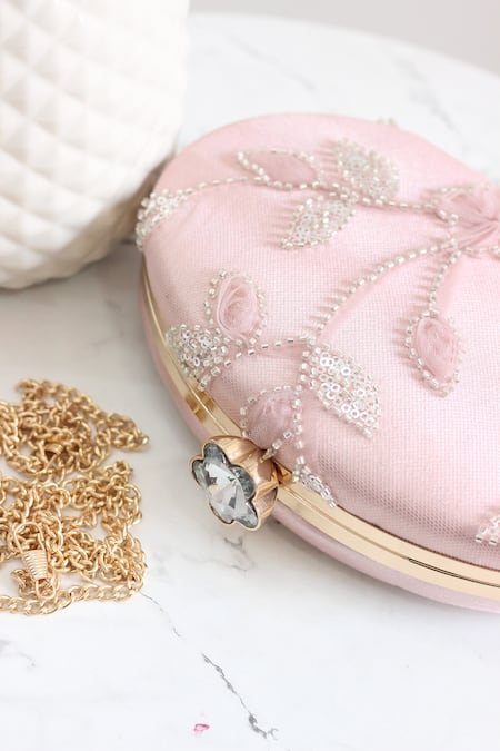 Buy_Boxwish By Bhumika_Pink Cut Work, Sequins, Embroidery Oval Shaped 3d Floral Applique Clutch 