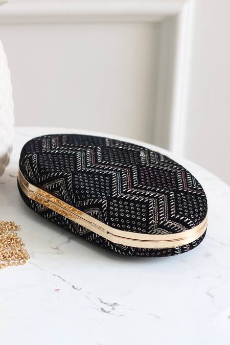 Buy_Boxwish By Bhumika_Black Sequins, Embroidery Velvet Oval Shaped Clutch_Online_at_Aza_Fashions