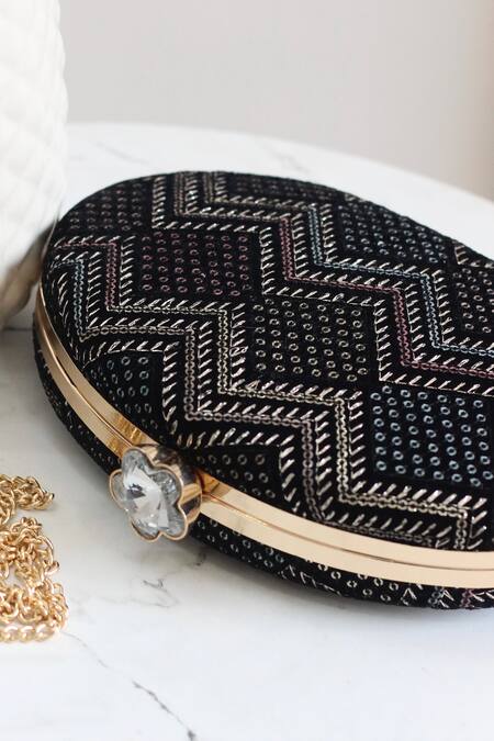 Shop_Boxwish By Bhumika_Black Sequins, Embroidery Velvet Oval Shaped Clutch_Online_at_Aza_Fashions