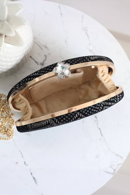 Boxwish By Bhumika_Black Sequins, Embroidery Velvet Oval Shaped Clutch_at_Aza_Fashions