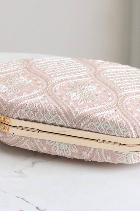 Buy_Boxwish By Bhumika_Peach Embroidery, Sequins Mughal Clutch _Online_at_Aza_Fashions