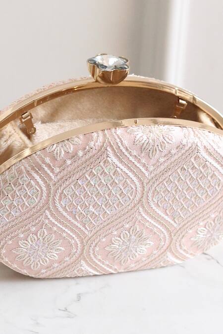 Shop_Boxwish By Bhumika_Peach Embroidery, Sequins Mughal Clutch _Online_at_Aza_Fashions