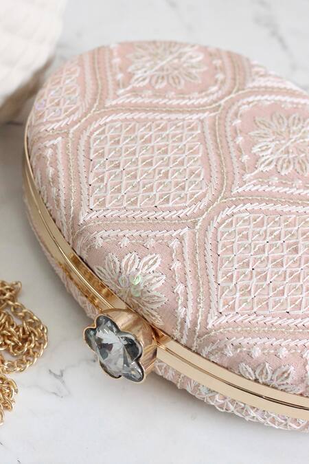 Boxwish By Bhumika_Peach Embroidery, Sequins Mughal Clutch _at_Aza_Fashions