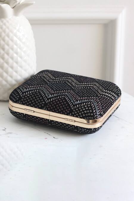 Buy_Boxwish By Bhumika_Black Sequins, Embroidery Rectangle Clutch_Online_at_Aza_Fashions