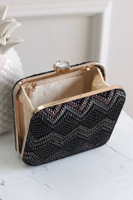Shop_Boxwish By Bhumika_Black Sequins, Embroidery Rectangle Clutch_Online_at_Aza_Fashions