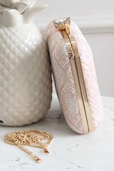 Boxwish By Bhumika_Peach Embroidery Thread Clutch _Online_at_Aza_Fashions