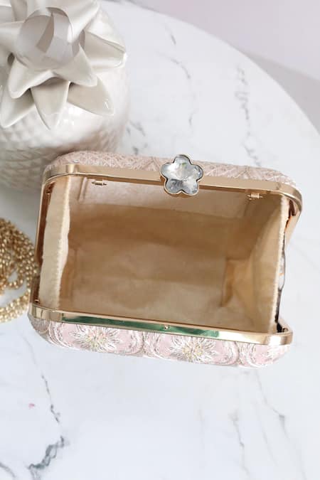 Shop_Boxwish By Bhumika_Peach Embroidery Thread Clutch _Online_at_Aza_Fashions