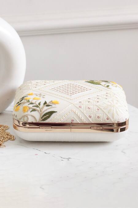 Boxwish By Bhumika_White Embroidery, Sequins Floral Clutch _Online_at_Aza_Fashions