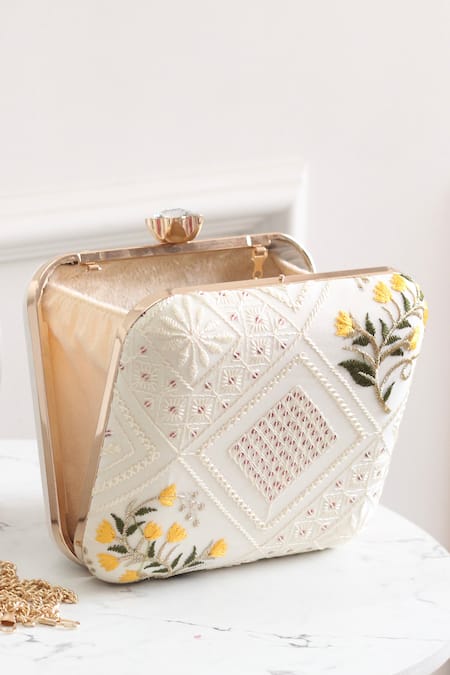 Shop_Boxwish By Bhumika_White Embroidery, Sequins Floral Clutch _Online_at_Aza_Fashions