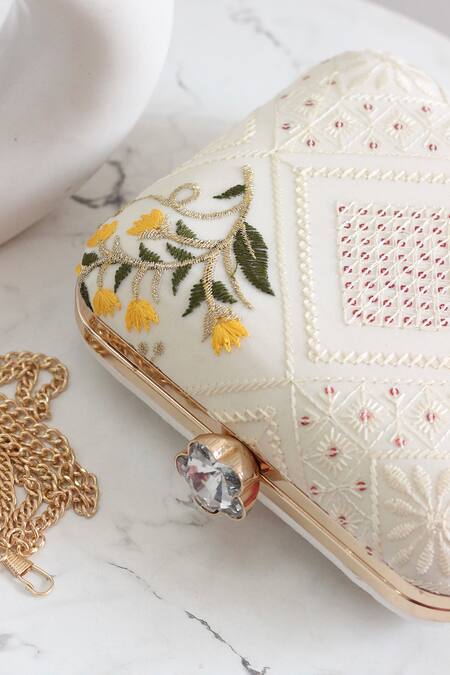 Boxwish By Bhumika_White Embroidery, Sequins Floral Clutch _at_Aza_Fashions