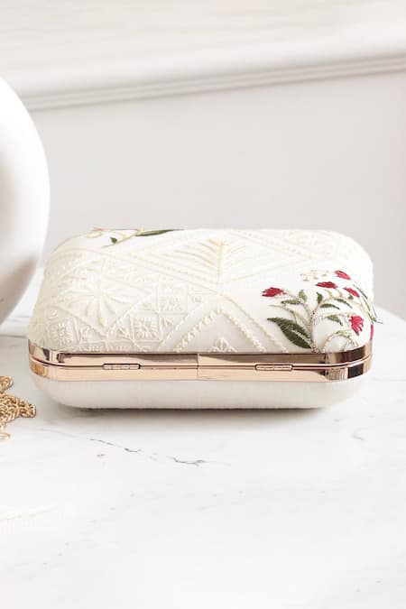 Boxwish By Bhumika_White Embroidery, Sequins Floral Clutch With Sling Chain _Online_at_Aza_Fashions