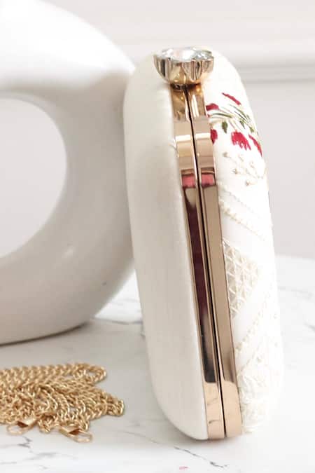Buy_Boxwish By Bhumika_White Embroidery, Sequins Floral Clutch With Sling Chain _Online_at_Aza_Fashions