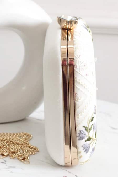 Boxwish By Bhumika_White Embroidery, Sequins Floral Clutch _Online_at_Aza_Fashions