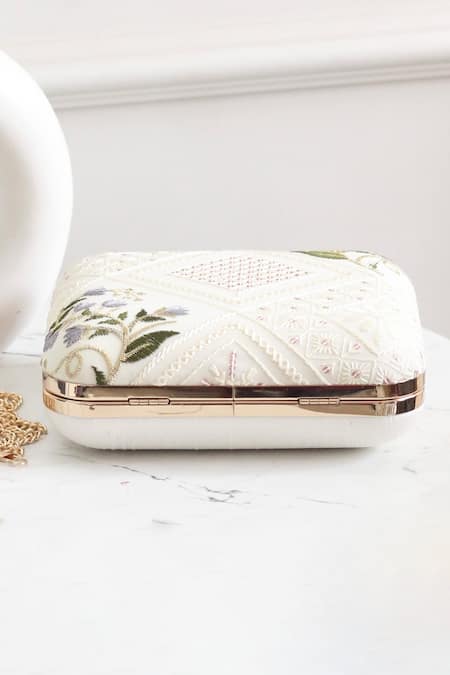 Buy_Boxwish By Bhumika_White Embroidery, Sequins Floral Clutch _Online_at_Aza_Fashions