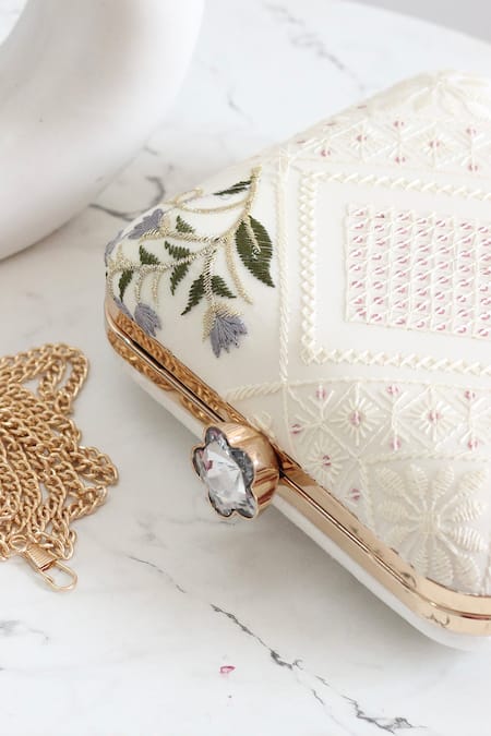 Shop_Boxwish By Bhumika_White Embroidery, Sequins Floral Clutch _Online_at_Aza_Fashions