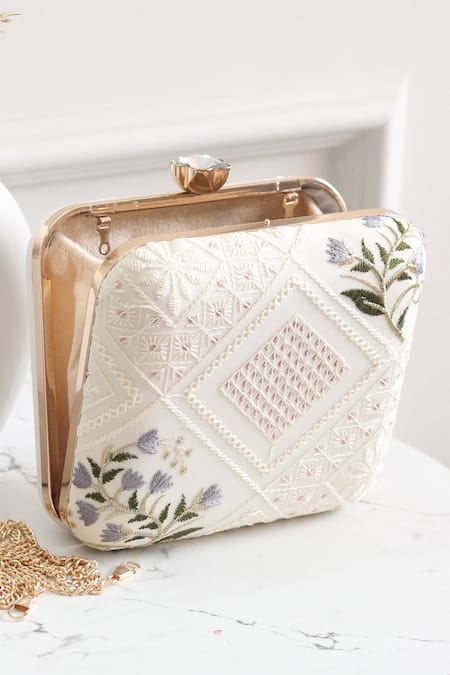 Boxwish By Bhumika_White Embroidery, Sequins Floral Clutch _at_Aza_Fashions