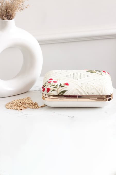 Boxwish By Bhumika_White Embroidery, Sequins Chikankari Floral Clutch _Online_at_Aza_Fashions