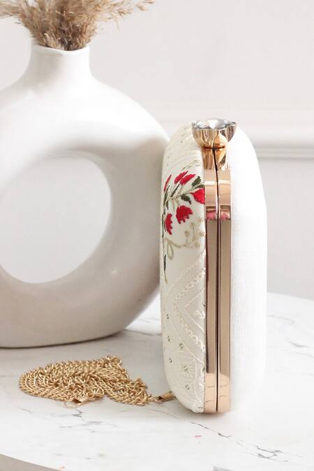 Buy_Boxwish By Bhumika_White Embroidery, Sequins Chikankari Floral Clutch _Online_at_Aza_Fashions