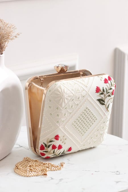 Shop_Boxwish By Bhumika_White Embroidery, Sequins Chikankari Floral Clutch _Online_at_Aza_Fashions