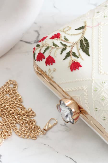 Boxwish By Bhumika_White Embroidery, Sequins Chikankari Floral Clutch _at_Aza_Fashions
