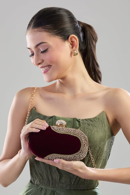 Samyukta Singhania_Maroon Crystals Embellished Velvet Clutch _Online_at_Aza_Fashions