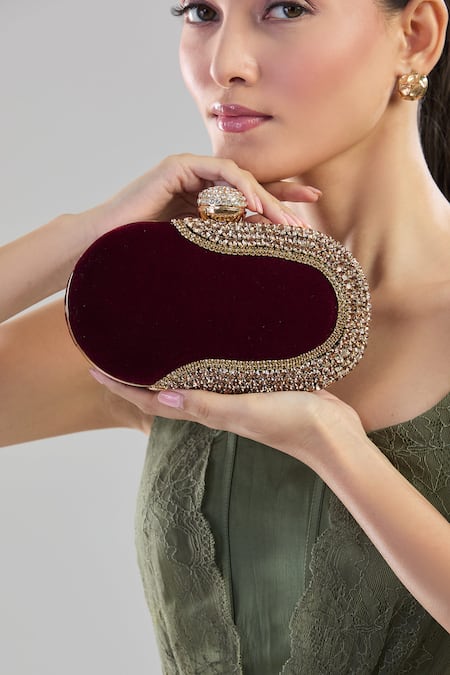 Buy_Samyukta Singhania_Maroon Crystals Embellished Velvet Clutch _Online_at_Aza_Fashions