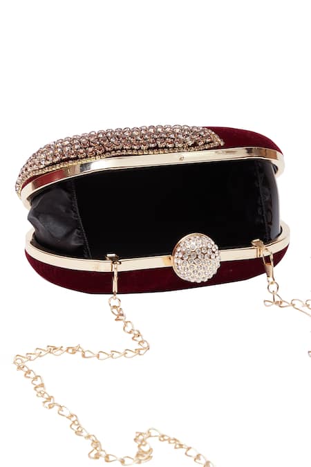 Shop_Samyukta Singhania_Maroon Crystals Embellished Velvet Clutch _Online_at_Aza_Fashions
