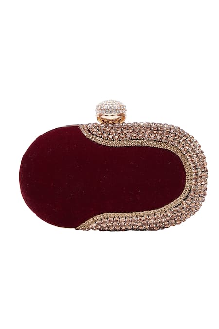 Samyukta Singhania_Maroon Crystals Embellished Velvet Clutch _at_Aza_Fashions