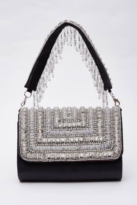 Shop Nazaakat By Samara Singh Black Crystals, Fringe Flap Clutch Bag Online at Aza Fashions Shop_Nazaakat By Samara Singh_Black Crystals, Fringe Flap Clutch Bag _Online_at_Aza_Fashions