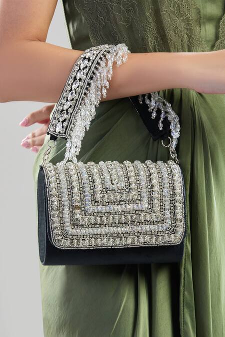Nazaakat By Samara Singh Black Crystals, Fringe Flap Clutch Bag at Aza Fashions Nazaakat By Samara Singh_Black Crystals, Fringe Flap Clutch Bag _at_Aza_Fashions