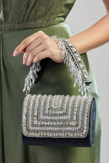 Buy Nazaakat By Samara Singh Black Crystals, Fringe Flap Clutch Bag Buy_Nazaakat By Samara Singh_Black Crystals, Fringe Flap Clutch Bag