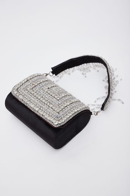 Shop Nazaakat By Samara Singh Black Crystals, Fringe Flap Clutch Bag Shop_Nazaakat By Samara Singh_Black Crystals, Fringe Flap Clutch Bag