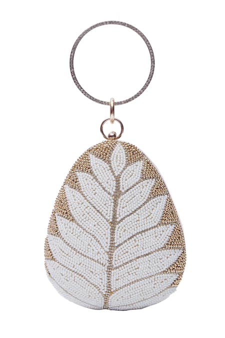 Shop Nazaakat By Samara Singh White Crystals, Beads Leaf Pattern Clutch Online at Aza Fashions Shop_Nazaakat By Samara Singh_White Crystals, Beads Leaf Pattern Clutch _Online_at_Aza_Fashions
