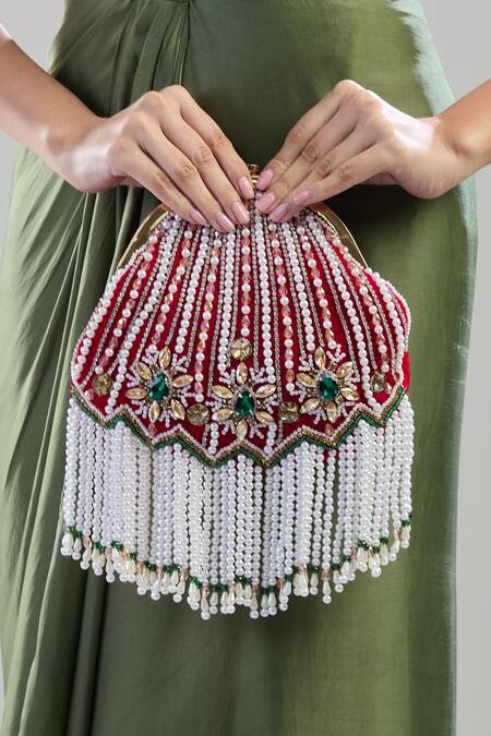 Nazaakat By Samara Singh Red Pearls, Rhinestones And Potli Clutch Online at Aza Fashions Nazaakat By Samara Singh_Red Pearls, Rhinestones And Potli Clutch_Online_at_Aza_Fashions