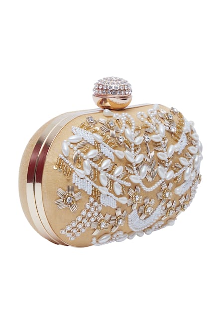 Nazaakat By Samara Singh_Gold Crystals, Embroidery Floral Embellished Clutch _at_Aza_Fashions
